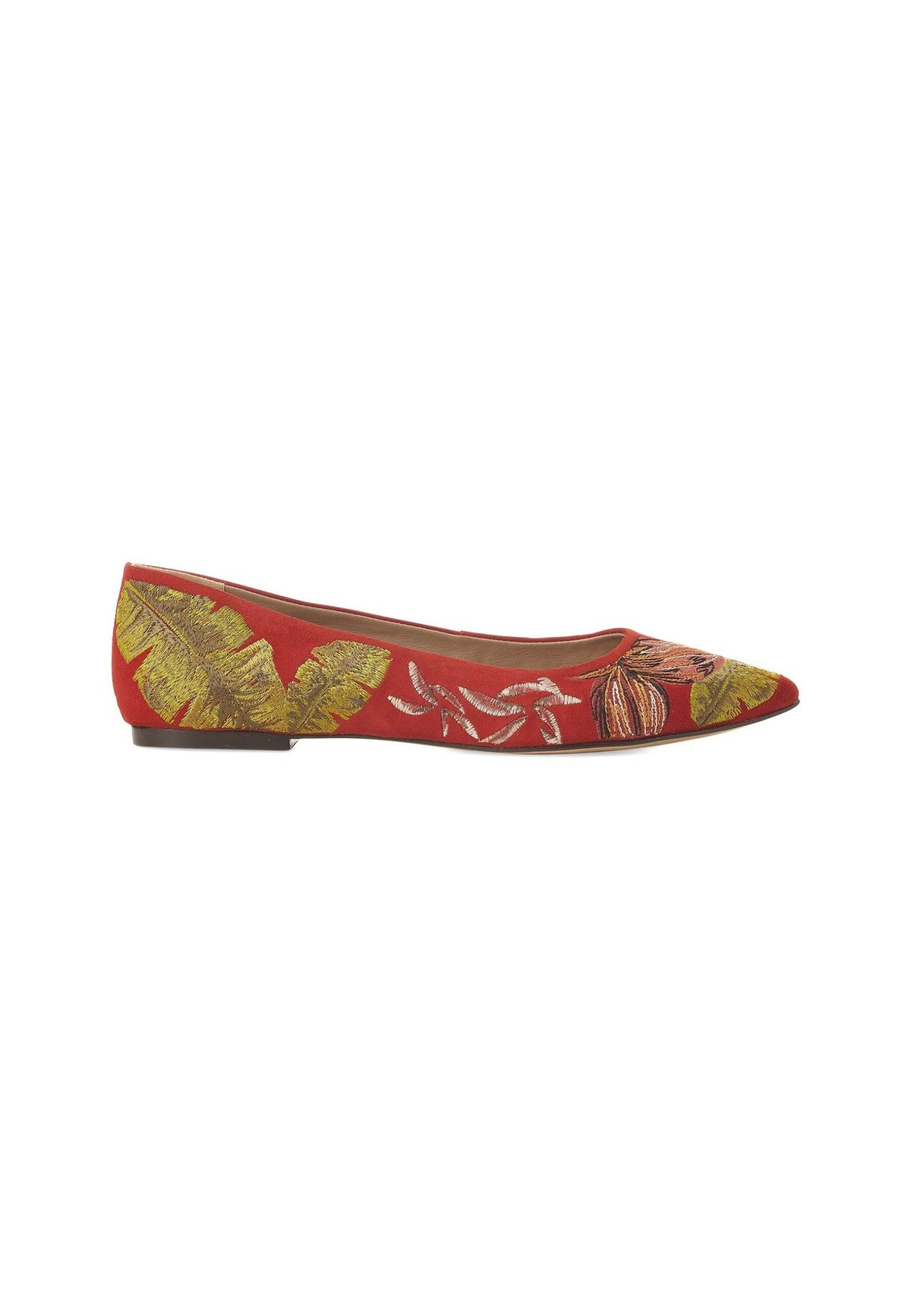 6. Studio shot of Mangará Pindaiva Ballerinas in red suede with floral embroidery, side view