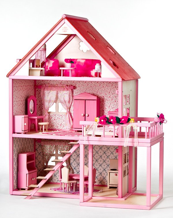 2. Fully furnished two-storey wooden dollhouse with pink and white walls, red roof, and balcony, featuring floral wallpaper and miniature furniture