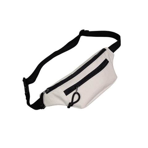 3. Side view of Drinbags classic waist bag in white, highlighting water-resistant zippers