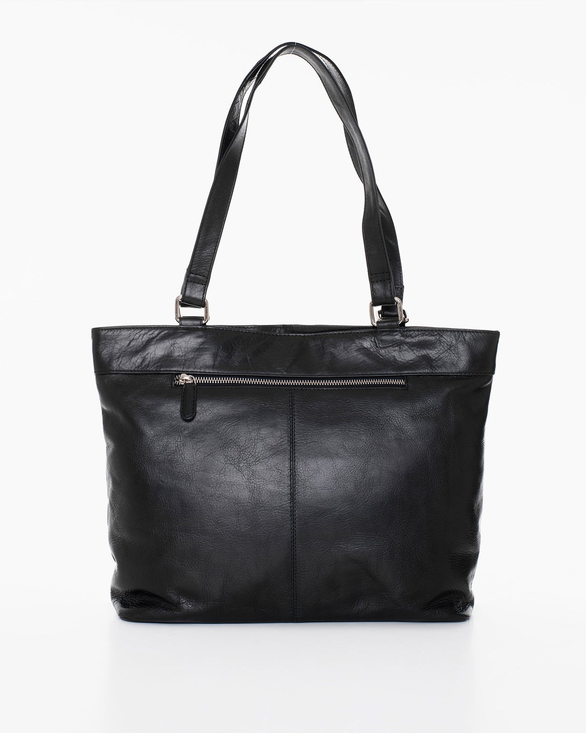 2. Nabo black leather shoulder bag NK2028 shown in studio, back view with visible zippered pocket for extra storage