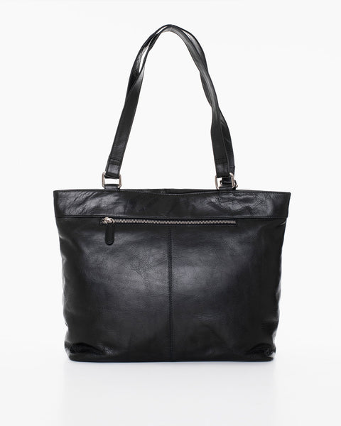 2. Nabo black leather shoulder bag NK2028 shown in studio, back view with visible zippered pocket for extra storage