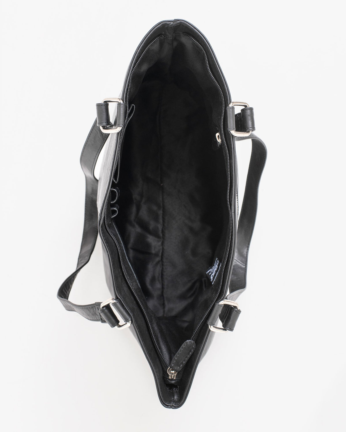 3. Interior view of Nabo black leather shoulder bag NK2028 showing spacious main compartment and organizational features