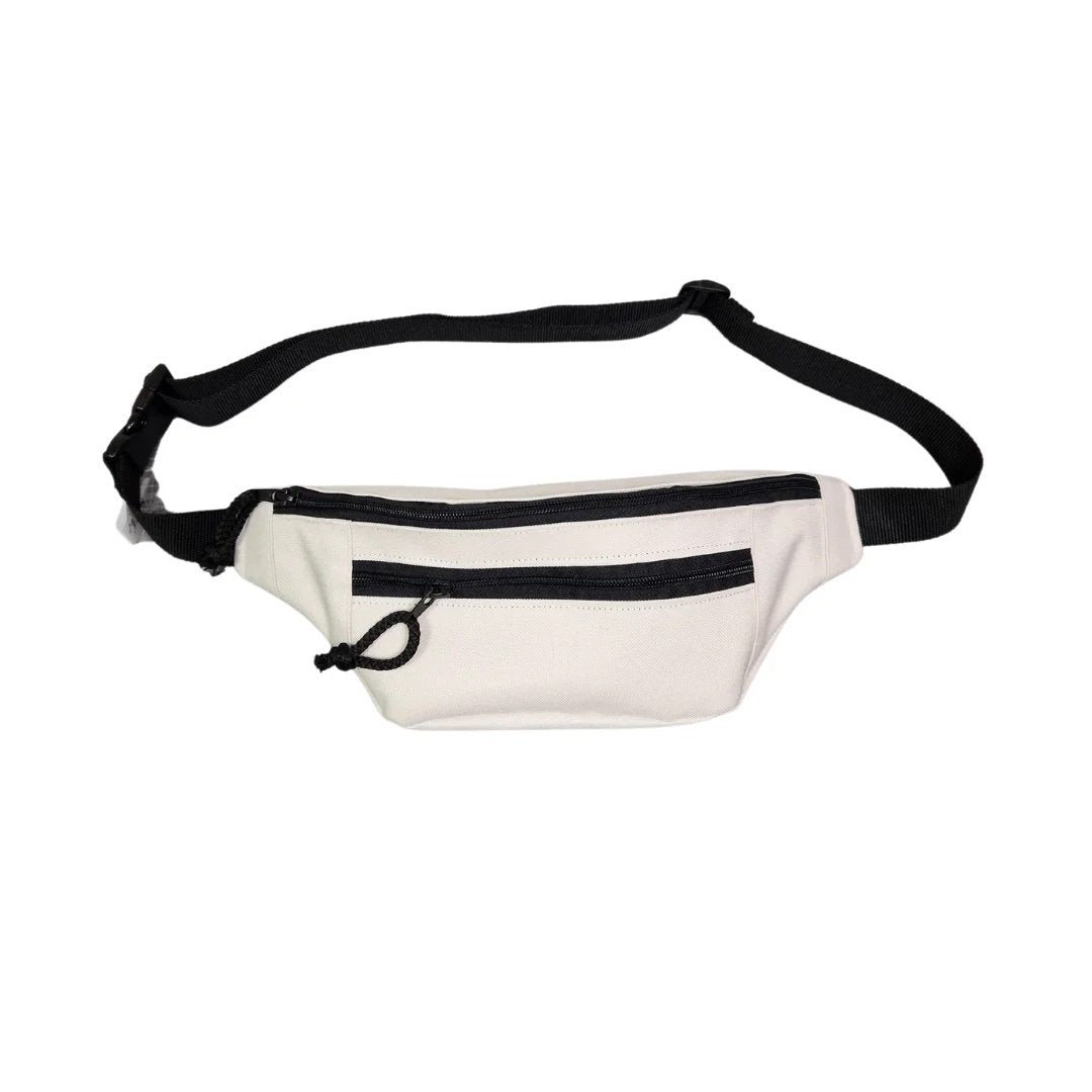 2. Studio image of Drinbags classic waist bag in white, showing front and adjustable strap