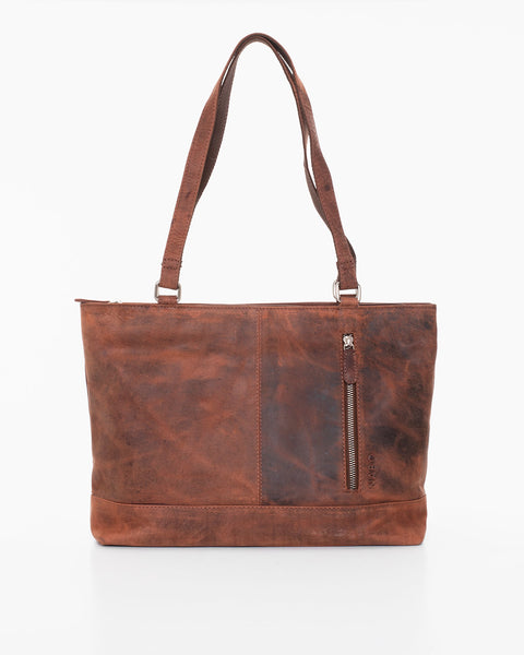 1. Nabo brown leather shoulder bag NK1909 with front zippered pocket, shown in studio