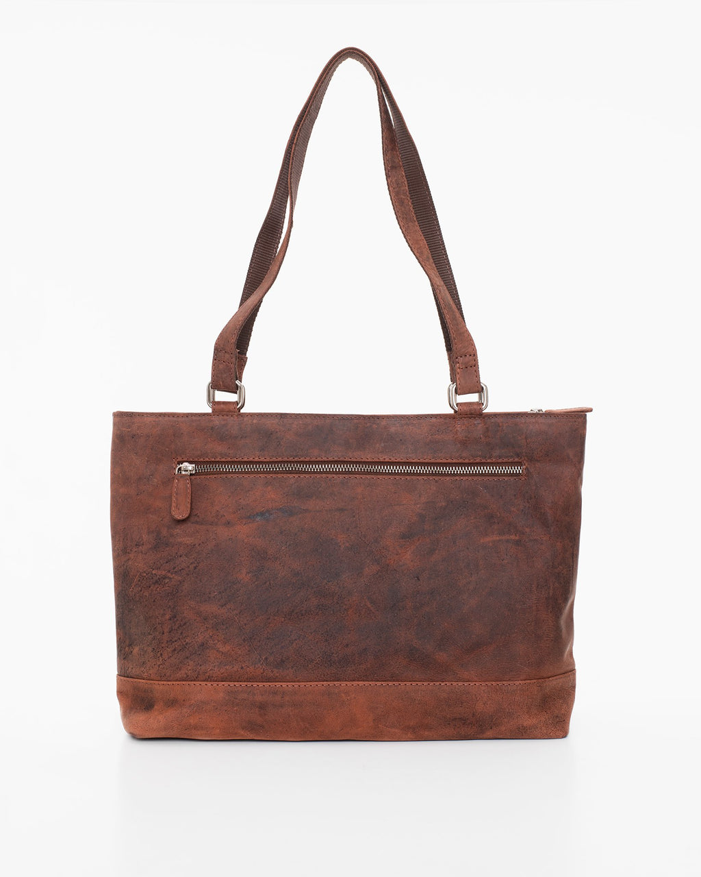 2. Back view of Nabo brown leather shoulder bag NK1909 with zippered pocket, studio setting