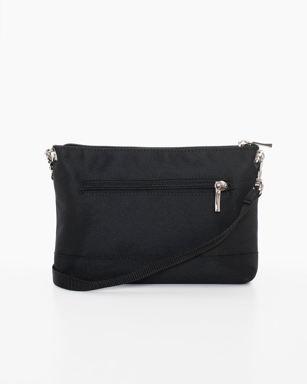 2. Nabo L2480 black shoulder bag in studio setting, showing back view with zippered pocket and adjustable strap
