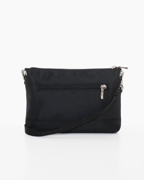 2. Nabo L2480 black shoulder bag in studio setting, showing back view with zippered pocket and adjustable strap