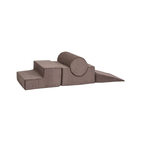 2. Brown velvet corduroy children's play set with four elements on a white background