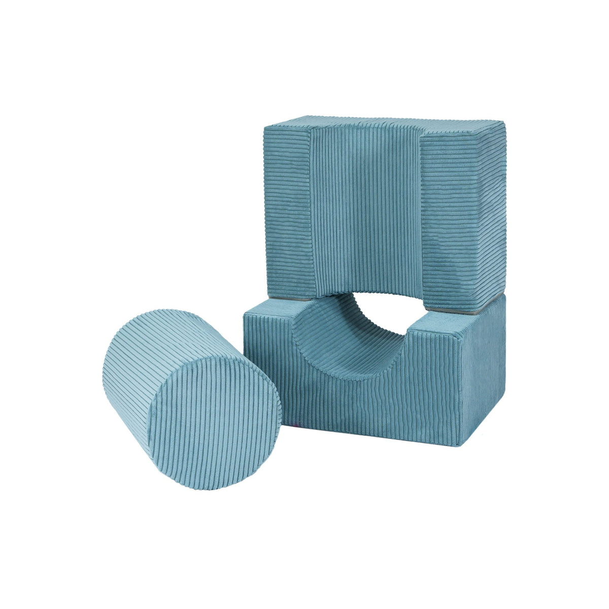 1. Turquoise velvet corduroy children's play set with three stackable shapes, including a cylinder and two blocks, on a white background