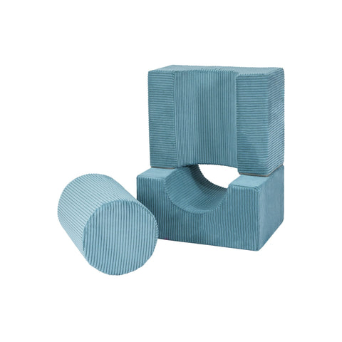 1. Turquoise velvet corduroy children's play set with three stackable shapes, including a cylinder and two blocks, on a white background