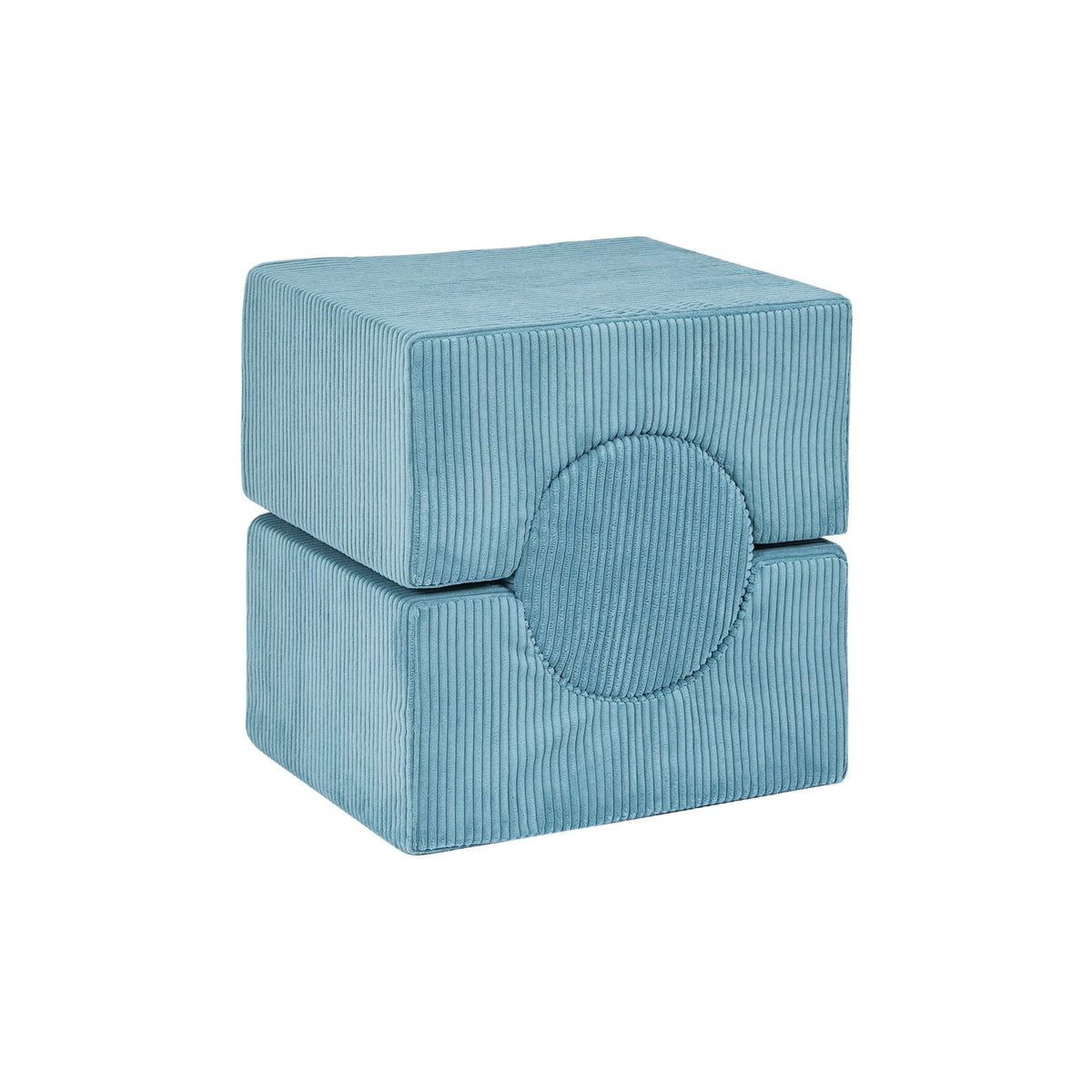 3. Two turquoise velvet corduroy blocks stacked with a circular cutout on a white background
