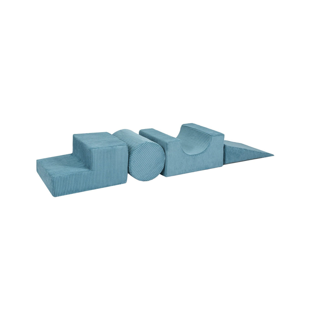 1. Turquoise velvet corduroy children's play set with four geometric shapes including a cylinder and wedge, arranged in a row on a white background