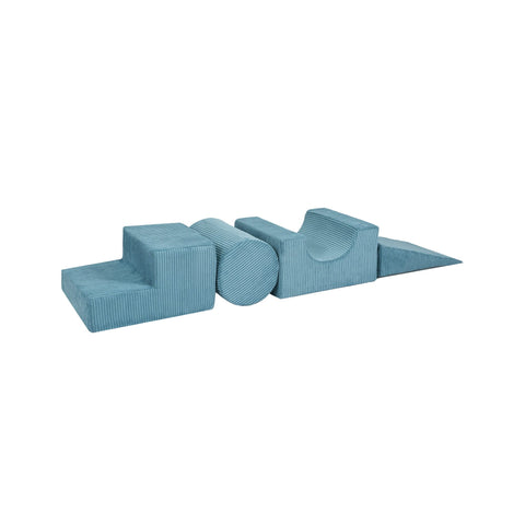 1. Turquoise velvet corduroy children's play set with four geometric shapes including a cylinder and wedge, arranged in a row on a white background