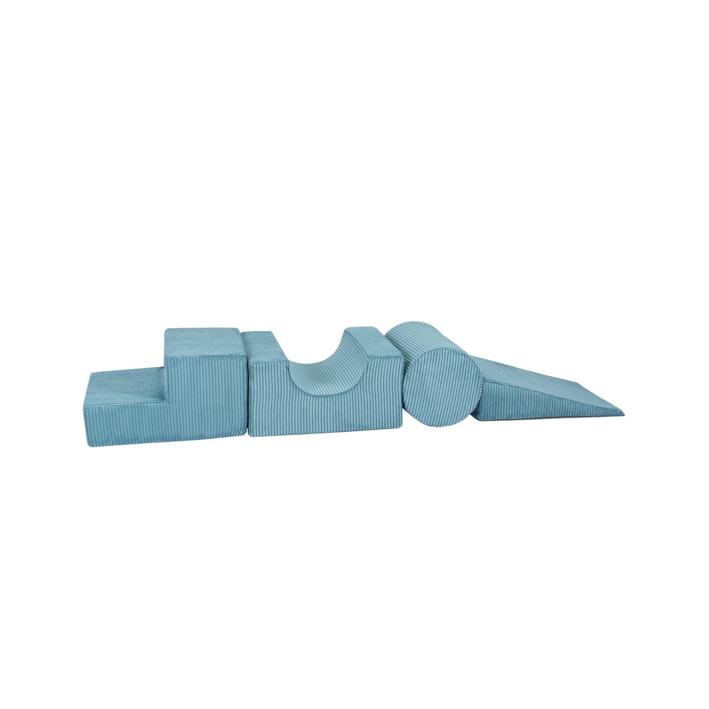 2. Side view of turquoise velvet corduroy play set for children, featuring four geometric shapes including a cylinder and wedge, on a white background