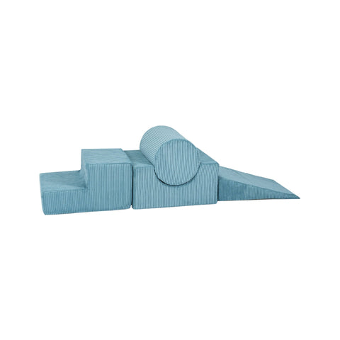 3. Turquoise velvet corduroy children's play set with four geometric shapes, including a cylinder and wedge, shown from a different angle on a white background