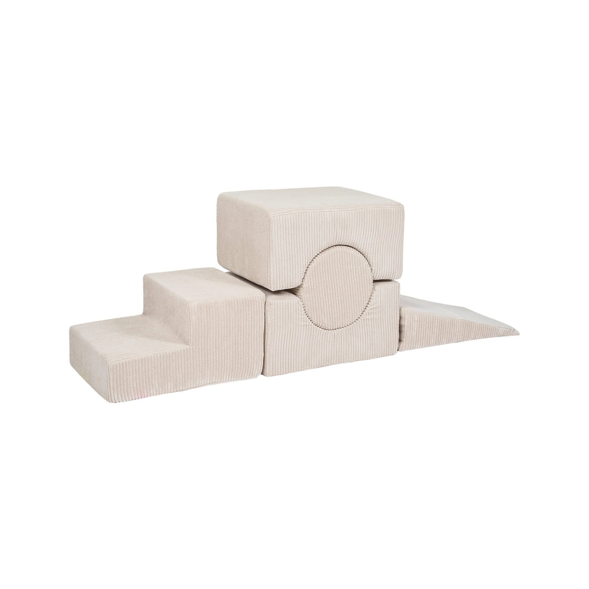 1. Ecru velvet corduroy children's play set with five stackable elements, including cubes and a circular piece, arranged in a stepped formation on a white background