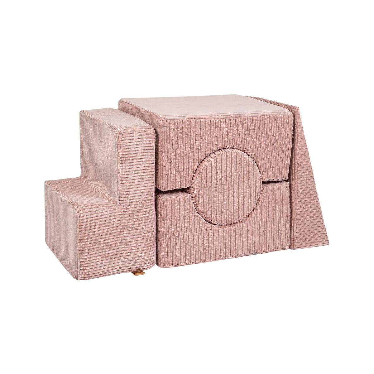 2. Powder pink velvet corduroy children's shape set with removable covers, featuring geometric blocks, shown in a studio setting