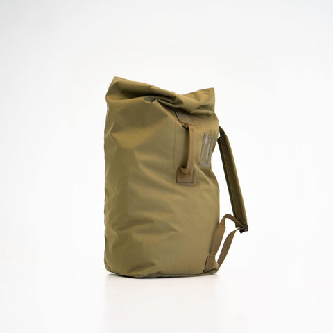 1. Galvi Linda Duffle Bag 047 in military green, side view showing handle and shoulder strap in studio setting