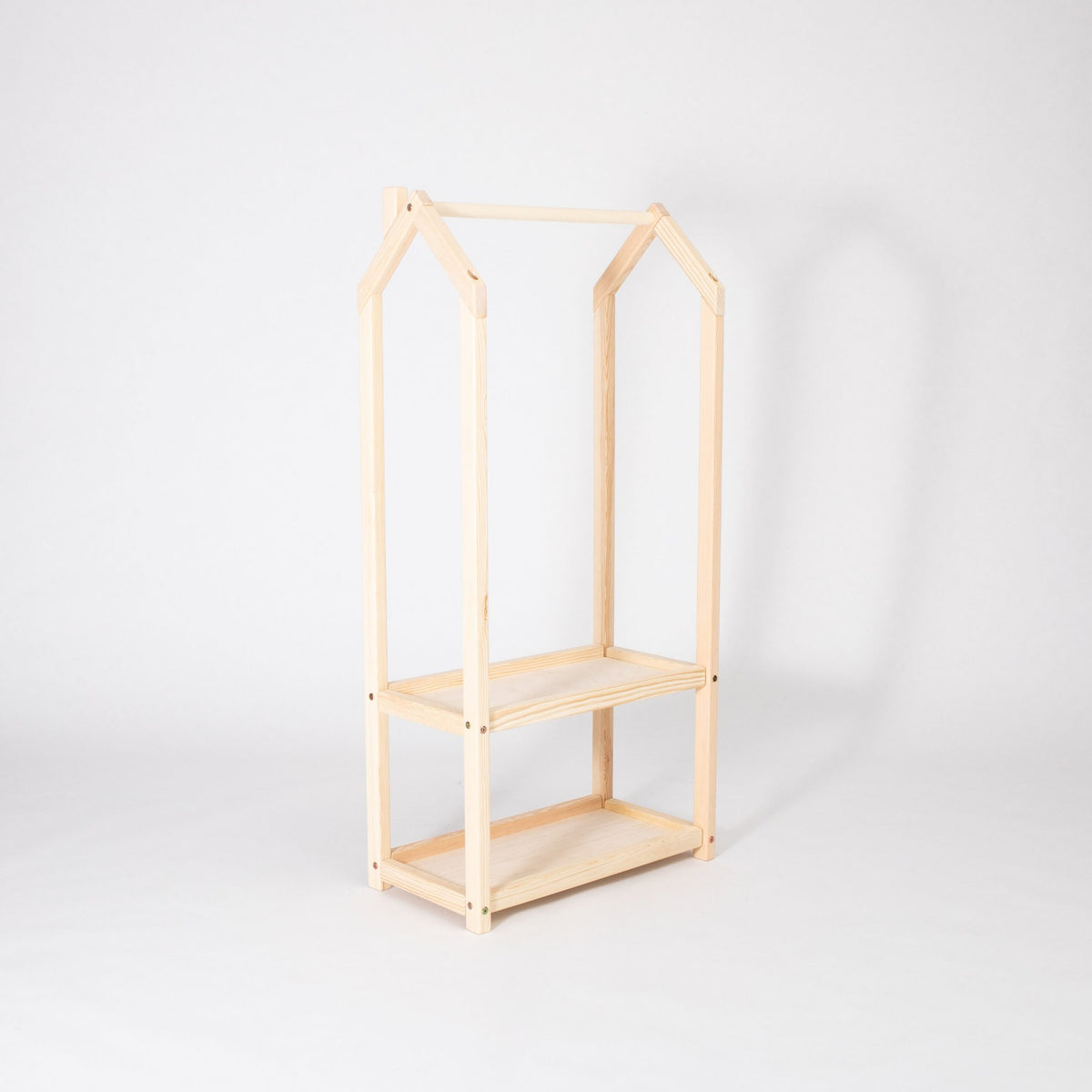 2. Natural wood house-shaped clothing rack with two shelves on a white background