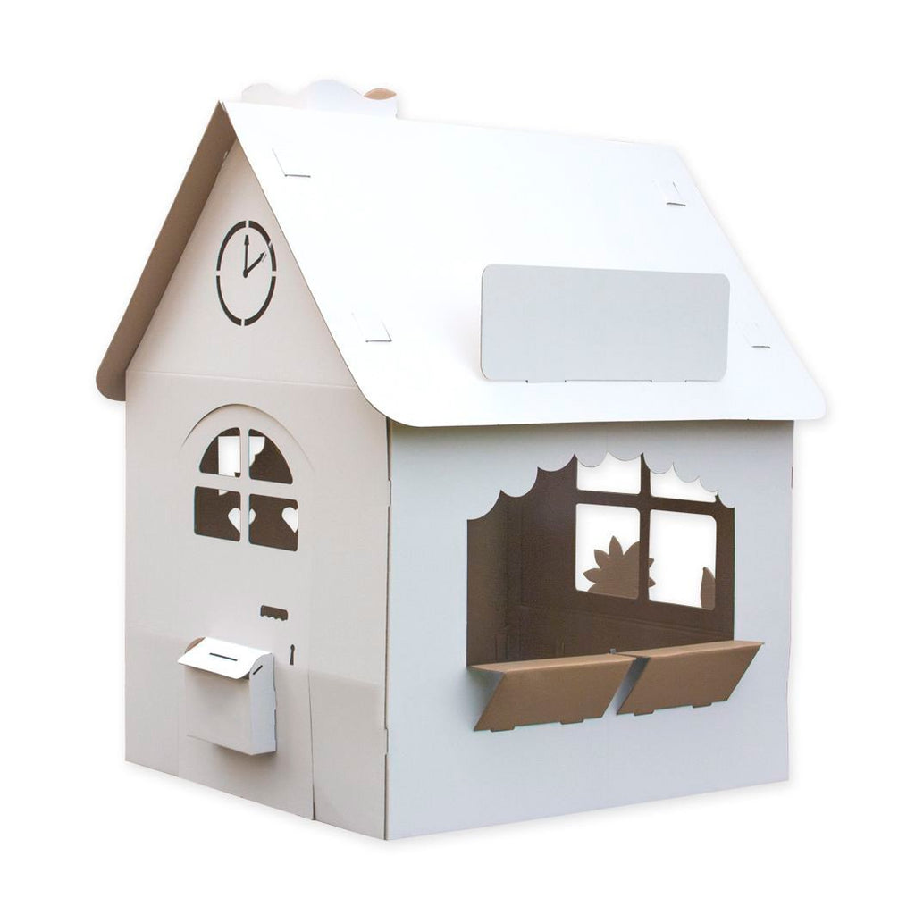 1. SEIK DIY cardboard house for kids with functional doors and window shutters, shown in studio setting