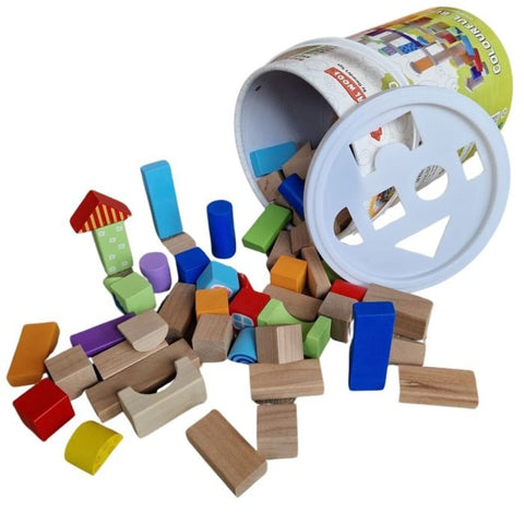 3. Gerardo's Toys wooden building blocks spilling from cylindrical container, showcasing vibrant colors and diverse shapes