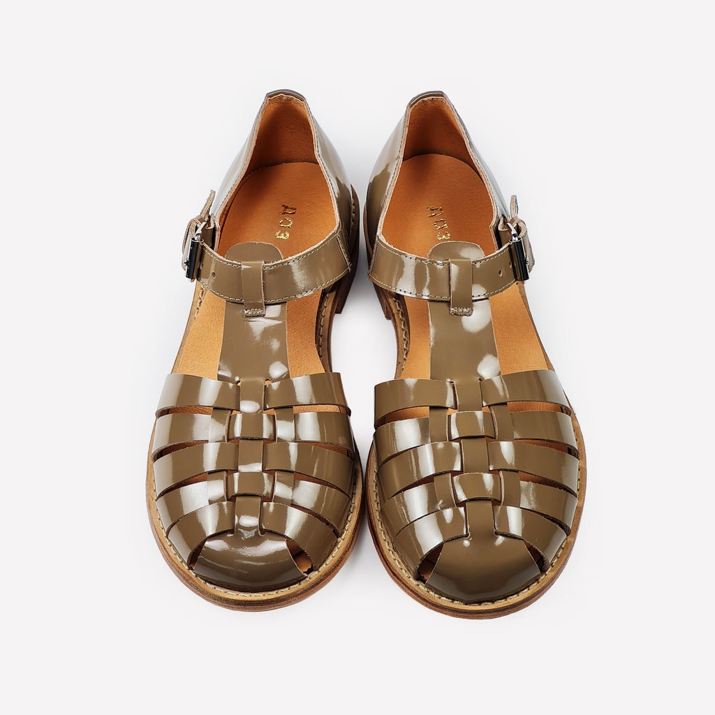 5. Top view of women's handmade beige leather fisherman sandals with leather insole and sole