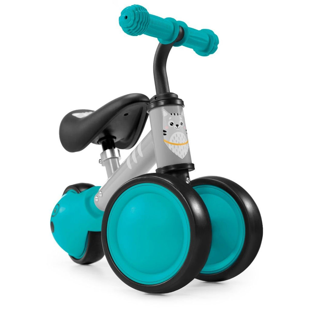 2. Front view of Kinderkraft CUTIE balance bike in turquoise and grey with kitten print