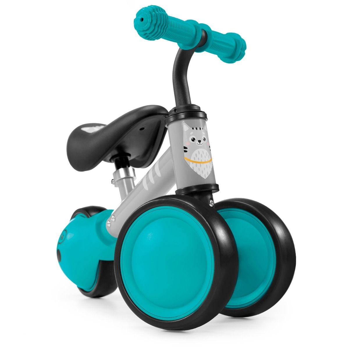 2. Front view of Kinderkraft CUTIE balance bike in turquoise and grey with kitten print