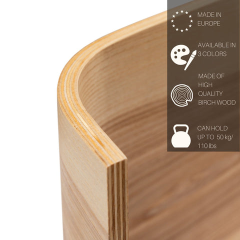3. Close-up of birch plywood plant stand corner with text overlay highlighting features like European origin and 50 kg weight capacity