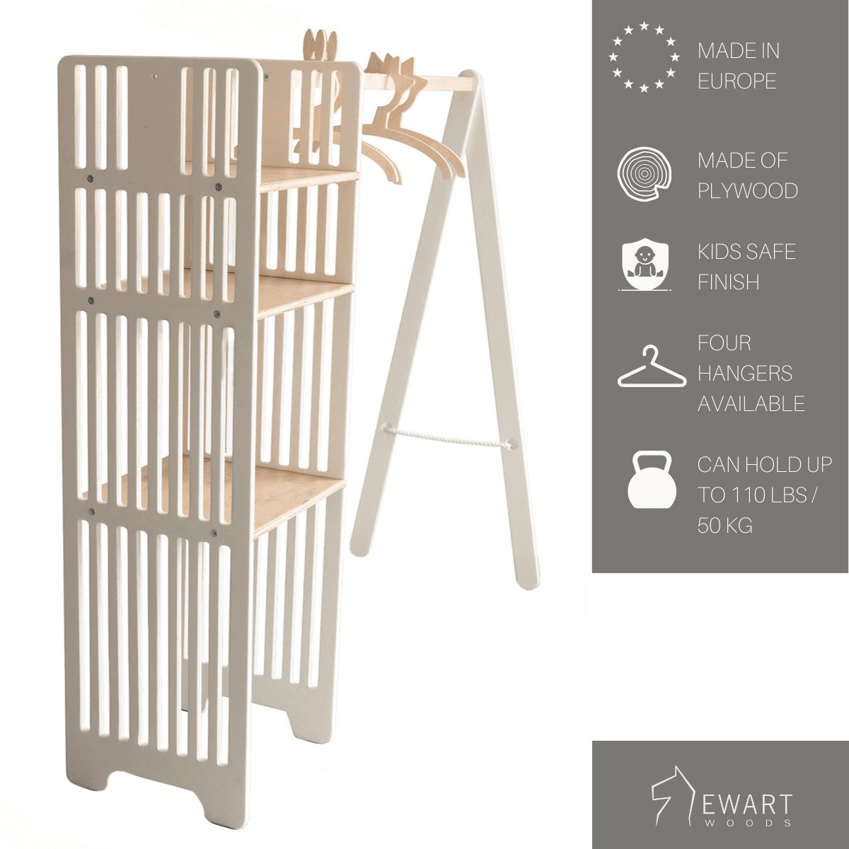 2. Ewart Woods kids wooden clothing rack in ivory white with slatted shelves and four wooden hangers