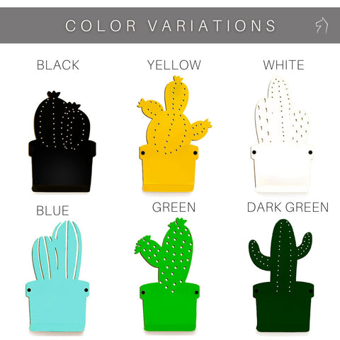 3. Six cactus-shaped metal hangers in various colors: black, yellow, white, blue, green, and dark green