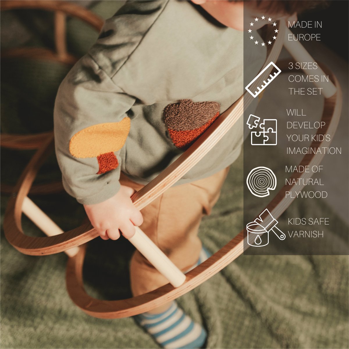 3. Child holding large wooden ring with informational icons about product features on left side