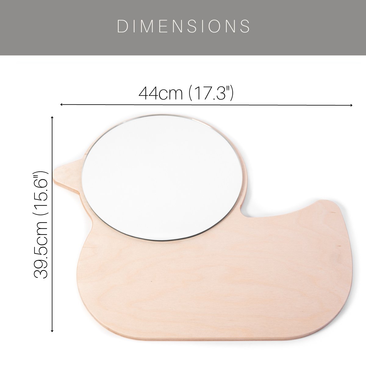 4. Size chart for duck-shaped children's wall mirror showing dimensions in centimeters and inches