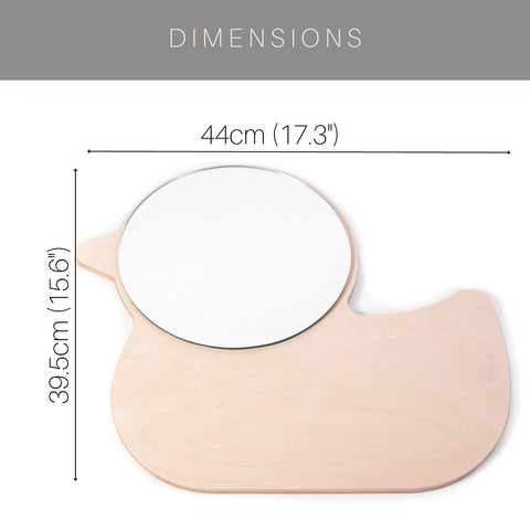 4. Size chart for duck-shaped children's wall mirror showing dimensions in centimeters and inches