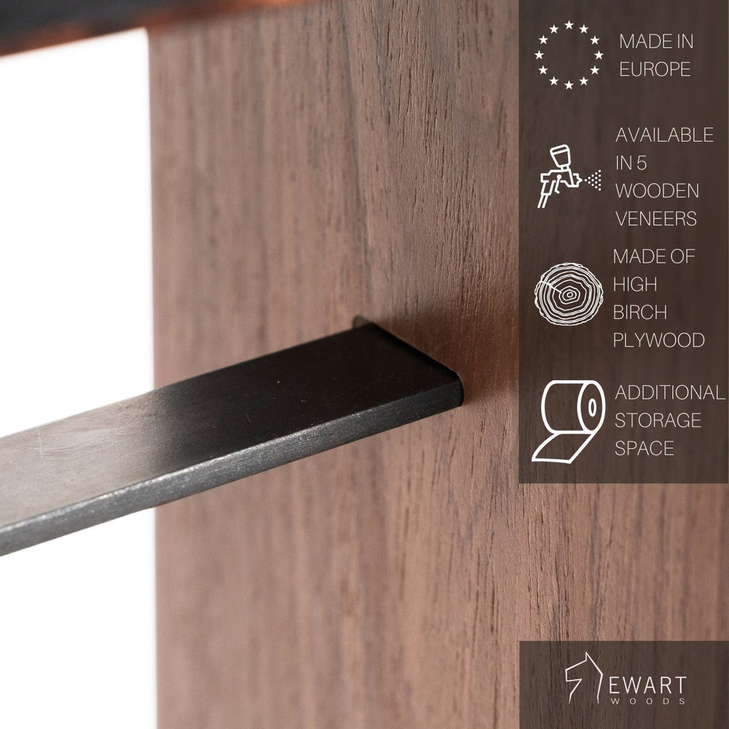 5. Ewart Woods branding and features of wooden toilet paper holder, including birch plywood and additional storage