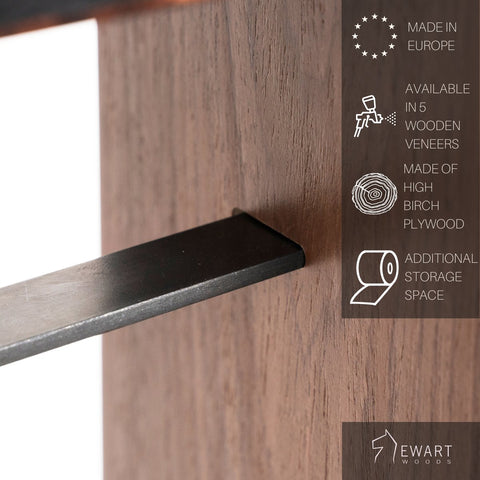 5. Ewart Woods branding and features of wooden toilet paper holder, including birch plywood and additional storage