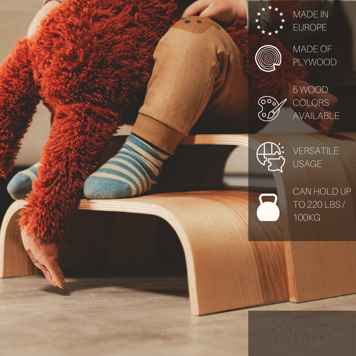 6. Child holding plush toy on wooden step stool with product features listed