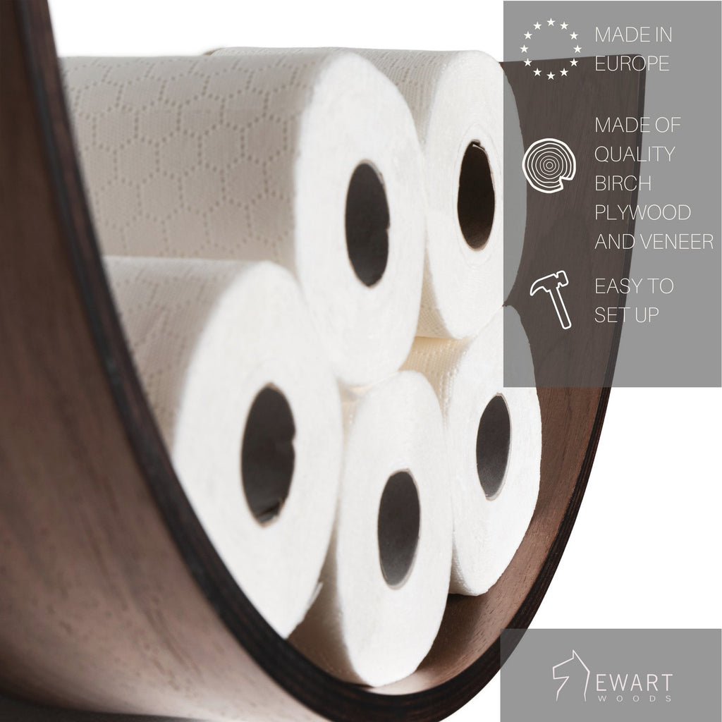 3. Close-up of wooden toilet paper holder with rolls, highlighting birch plywood and veneer, featuring product benefits
