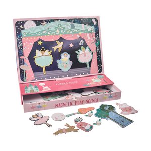 1. Floss & Rock Magnetic Play Scene with open box showing theatre backdrop and various magnetic pieces including ballerinas and swans