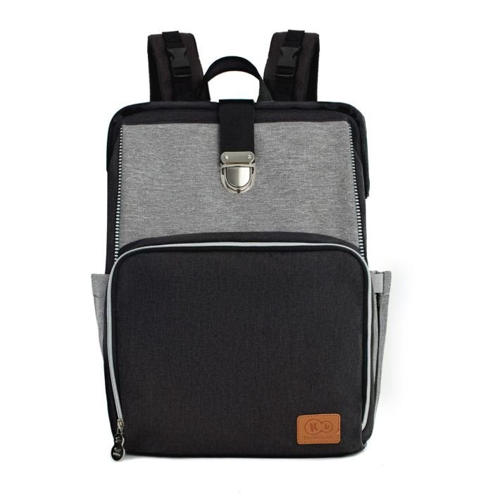 1. Front view of Kinderkraft Molly diaper backpack in grey and black with multiple pockets and a logo patch