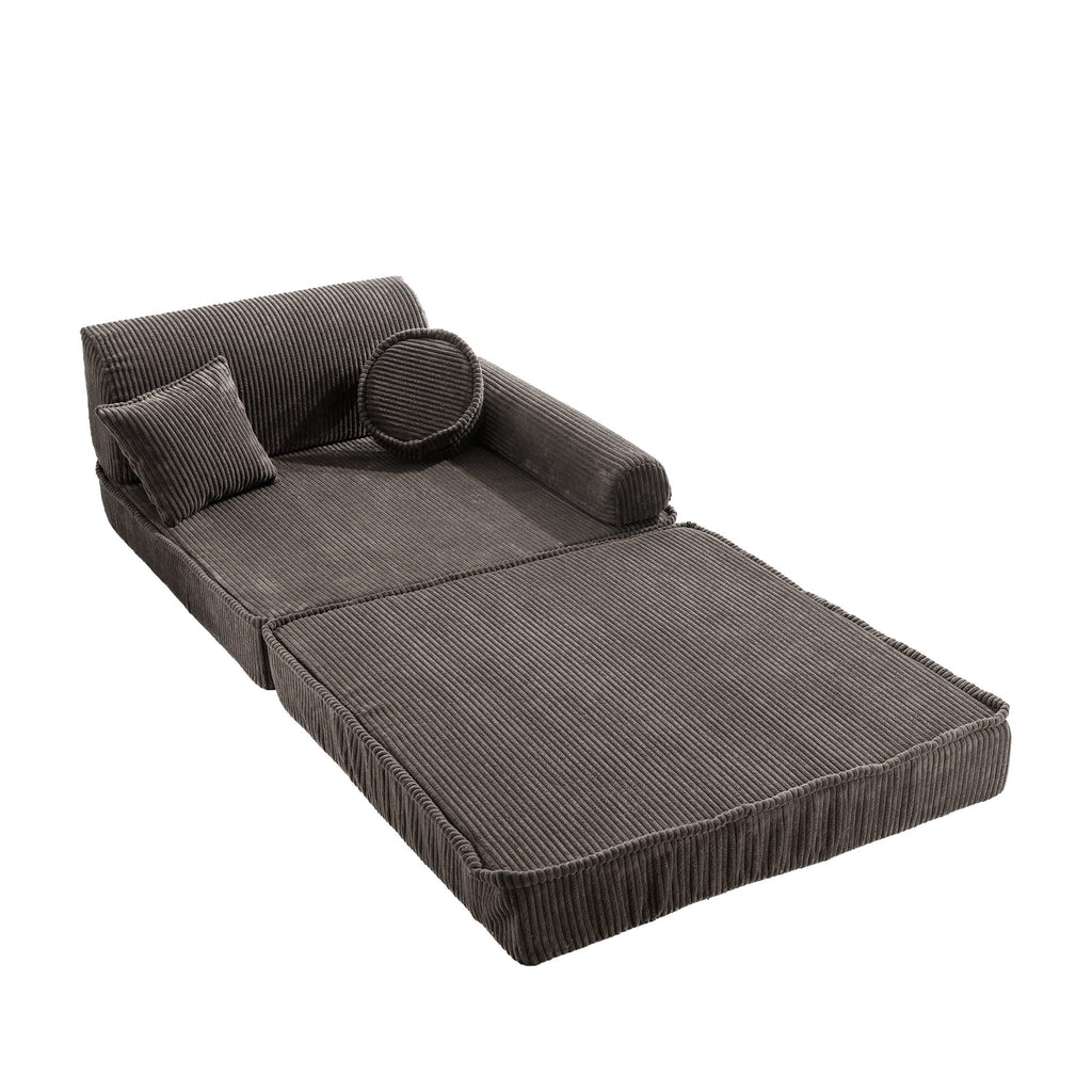 2. Brown corduroy modular sofa partially unfolded into a lounge position with cushions