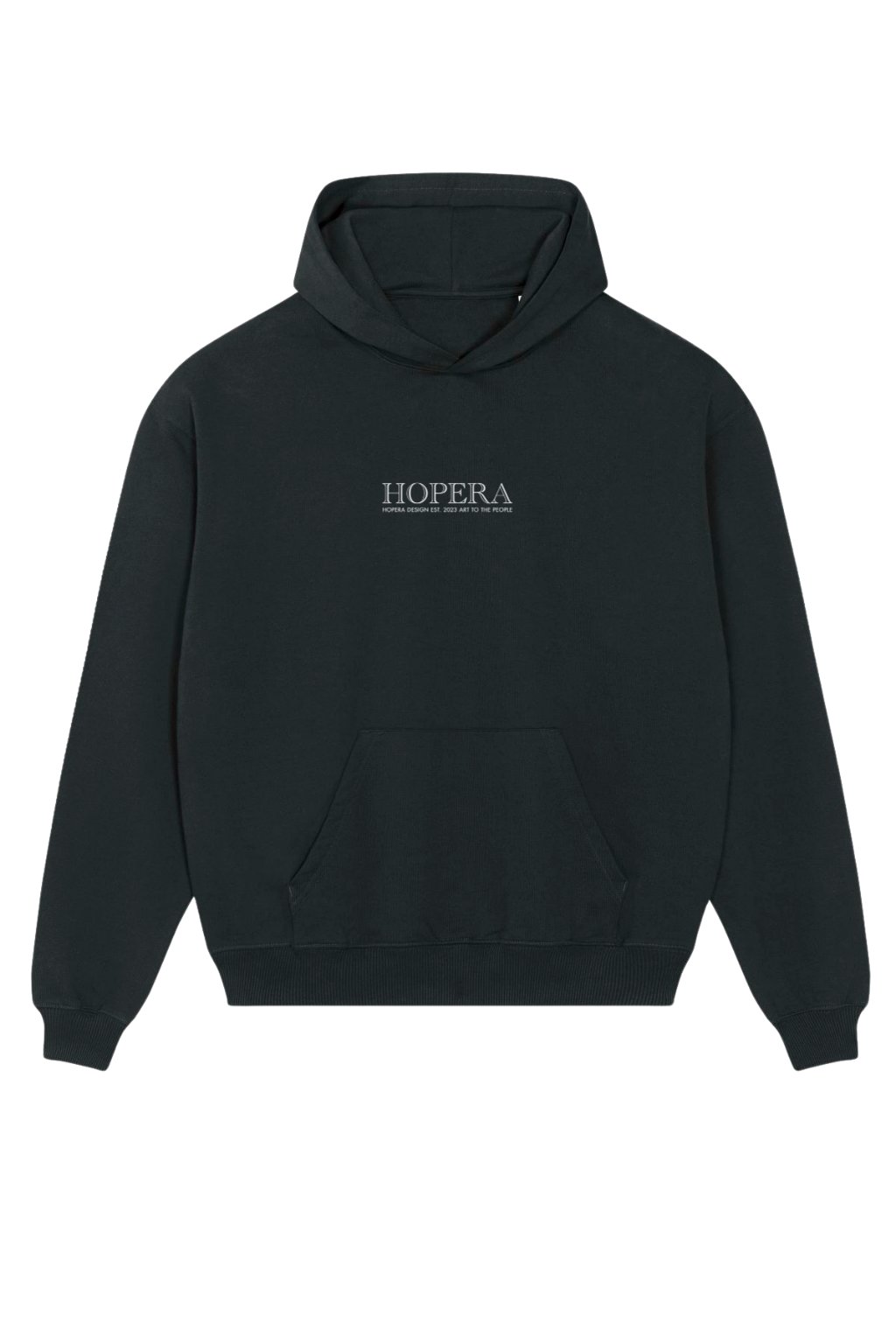 3. Front view of Hopera black hoodie with minimalist logo design, featuring kangaroo pocket and ribbed cuffs