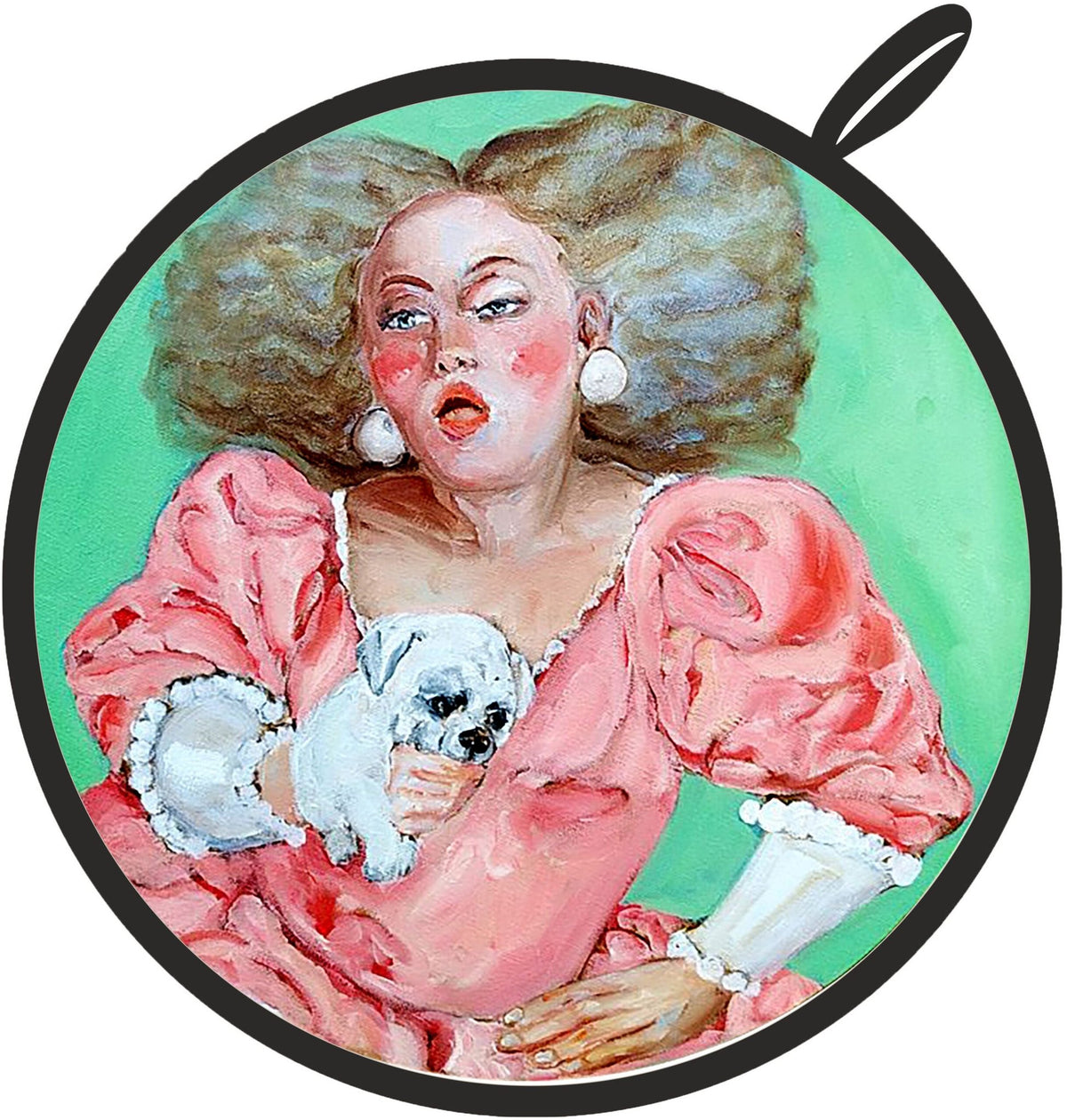 1. Round pot holder featuring a woman in a pink dress holding a small dog, with a green background, designed by Katrin Valgemäe