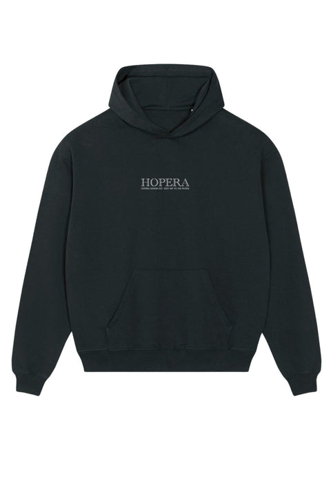 3. Front view of Hopera heavy-weight premium hoodie in black with logo, featuring kangaroo pocket and ribbed cuffs
