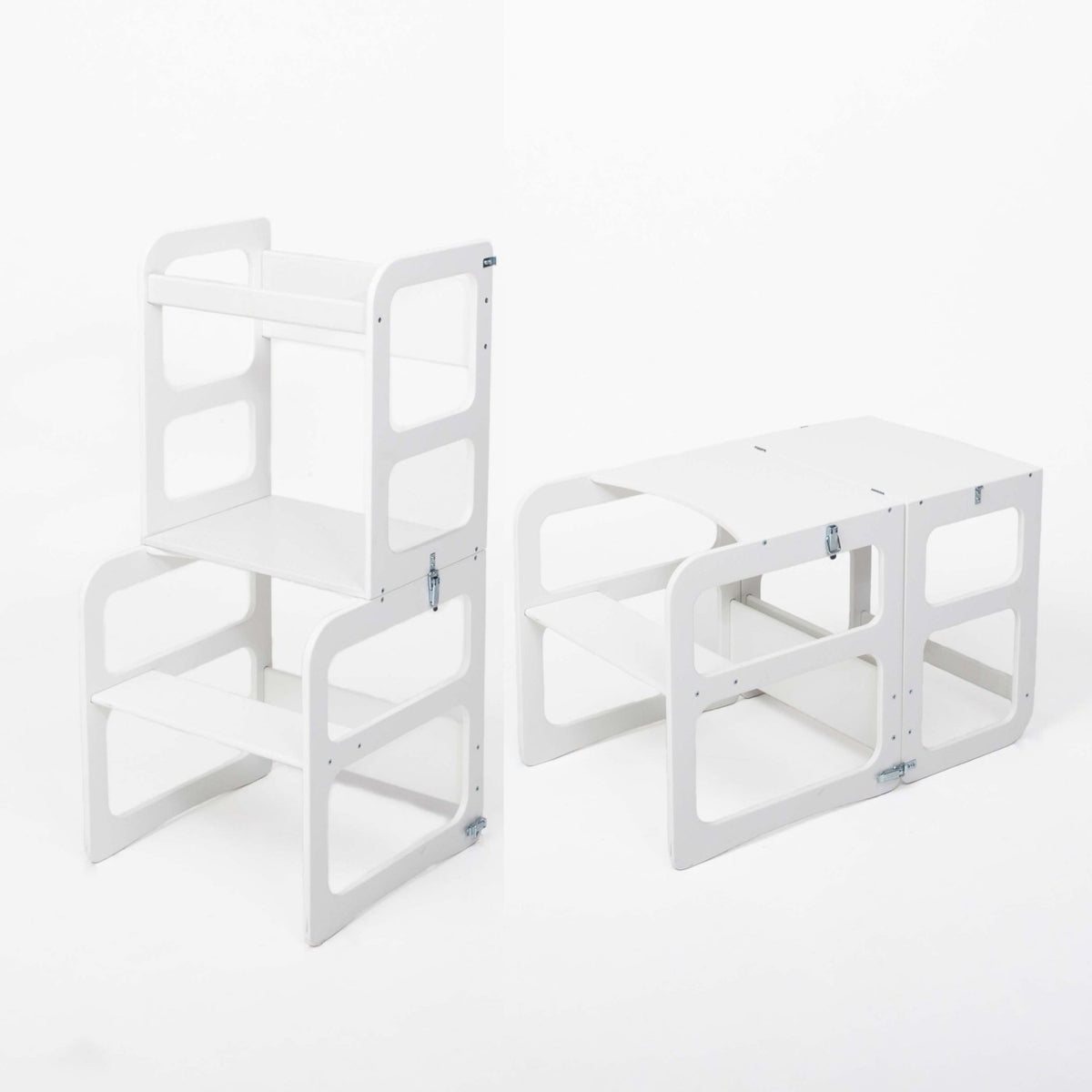 12. White kitchen tower displayed in both step stool and table modes on white background
