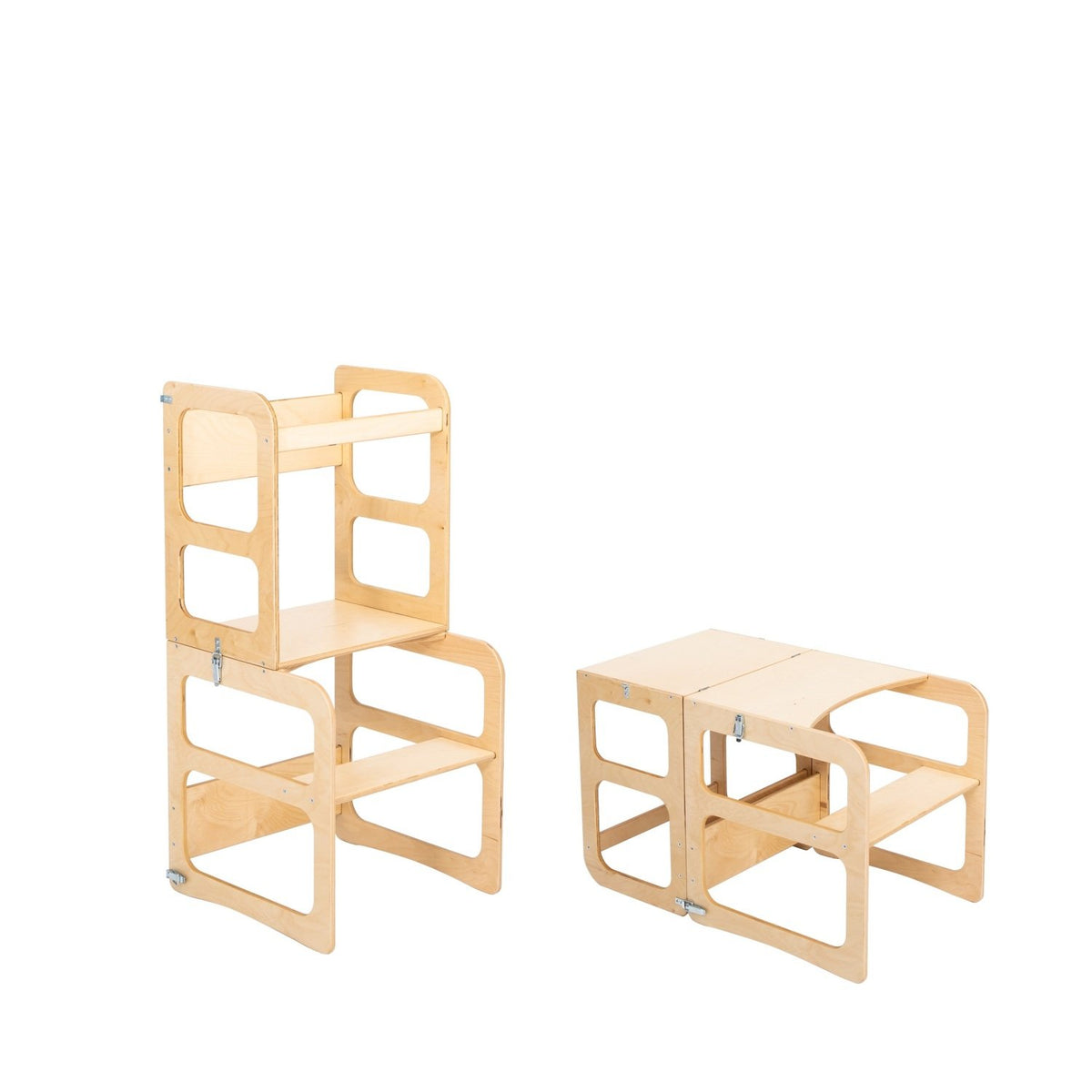 4. Natural wood kitchen tower shown in both step stool and table modes on white background
