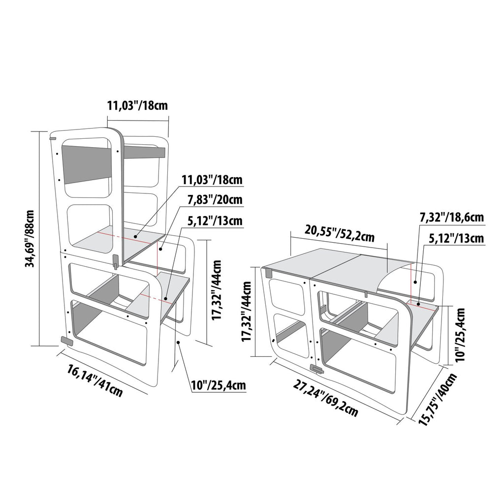 9. Size chart for 2-in-1 kitchen tower showing dimensions in centimeters