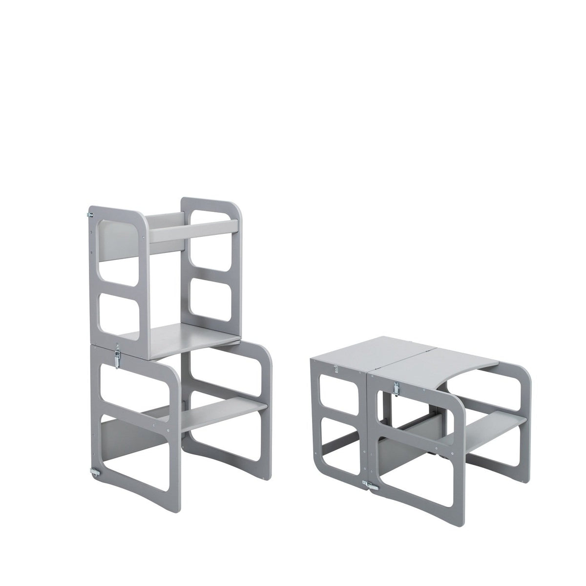 11. Grey kitchen tower shown in both step stool and table modes on white background