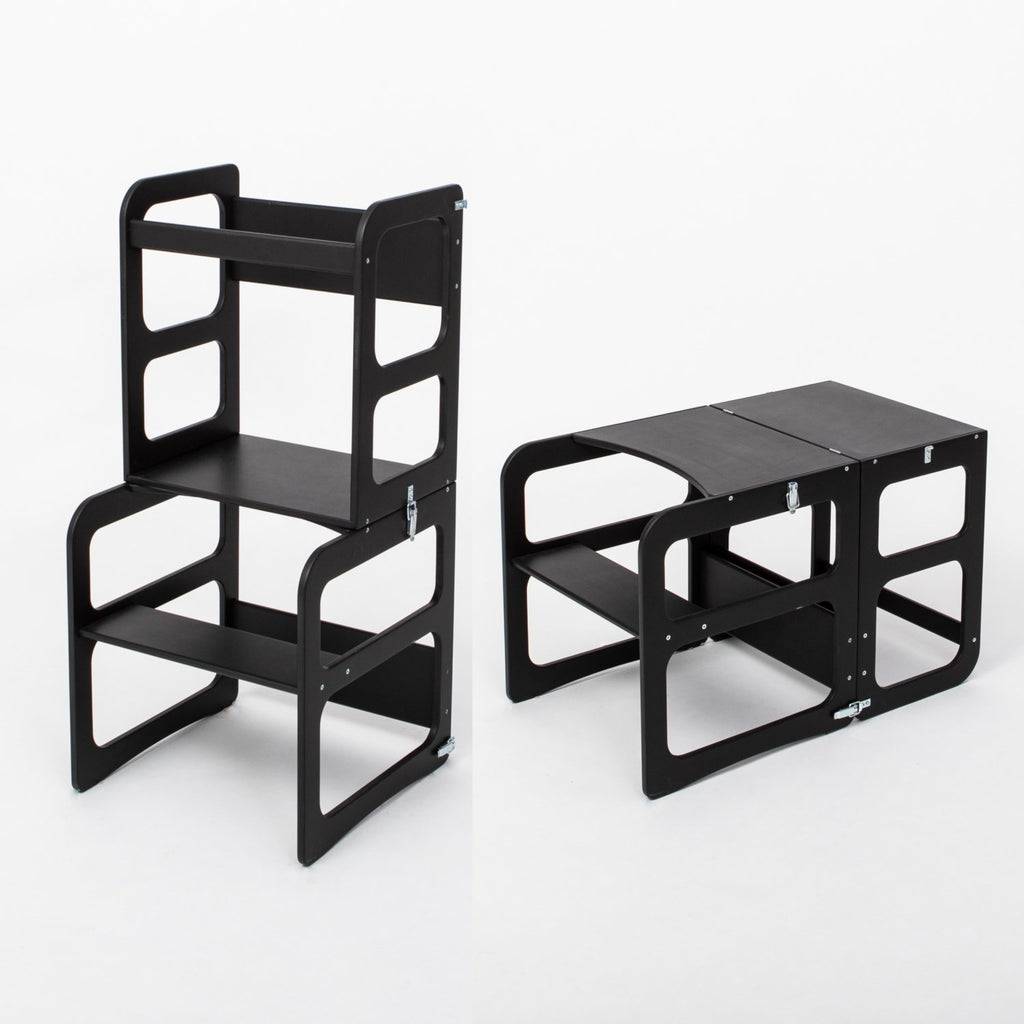 7. Black kitchen tower displayed in both step stool and table modes on white background