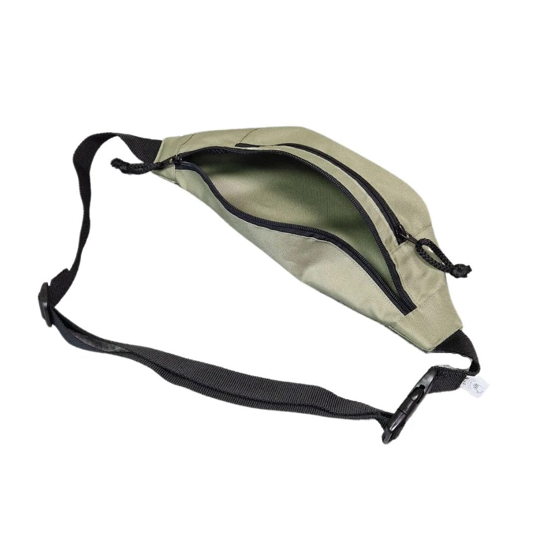 3. Close-up of Drinbags Classic Waist Bag in moss green with open compartments and black strap